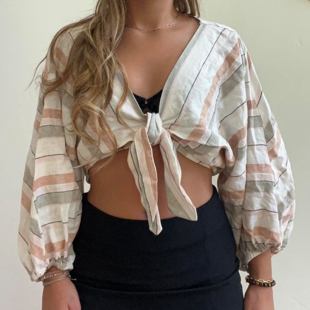 Zara Striped Crop Top - White, Tan, Gray